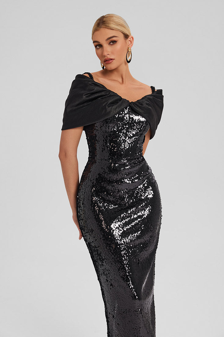 Off-Shoulder Sequin Midi Dress with Corset Bodice