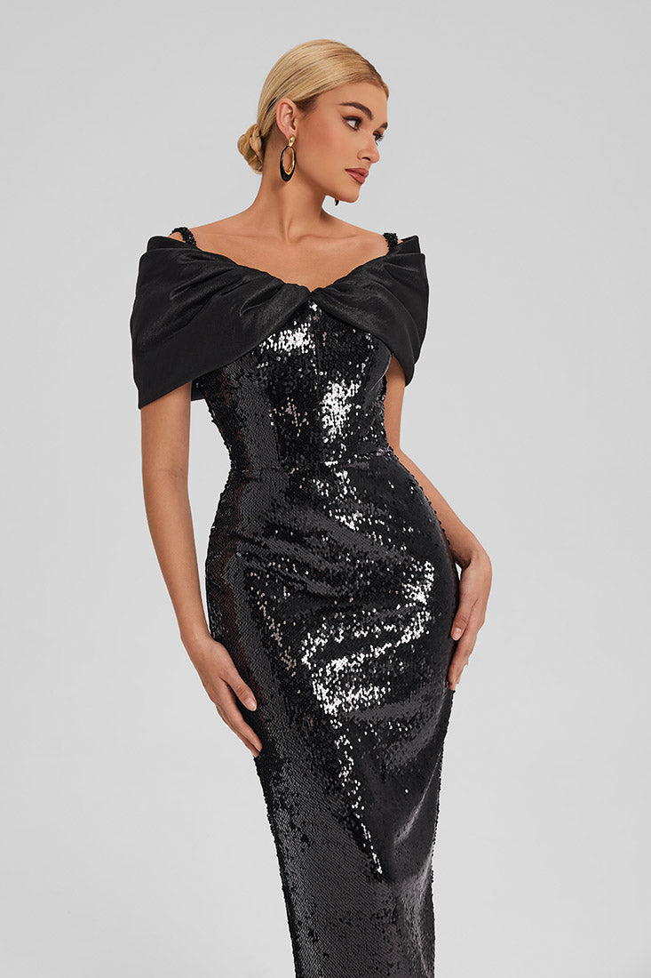 Off-Shoulder Sequin Midi Dress with Corset Bodice
