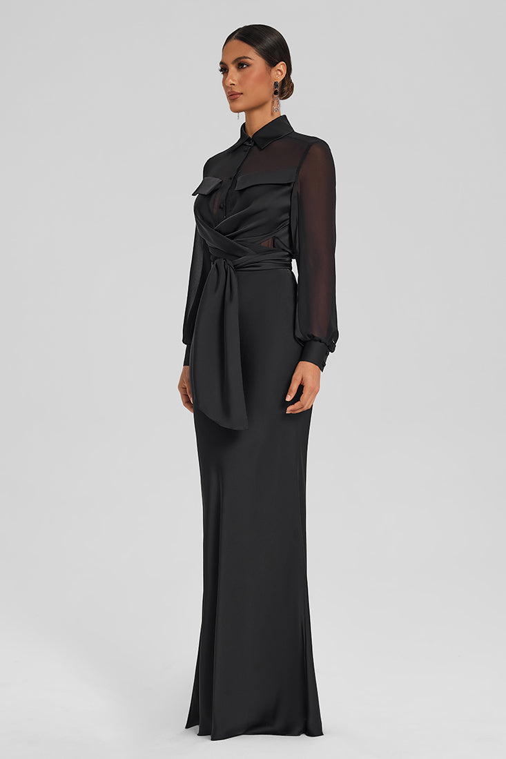 Satin Wrap Set with Chiffon Detail – Floor-Length Skirt
