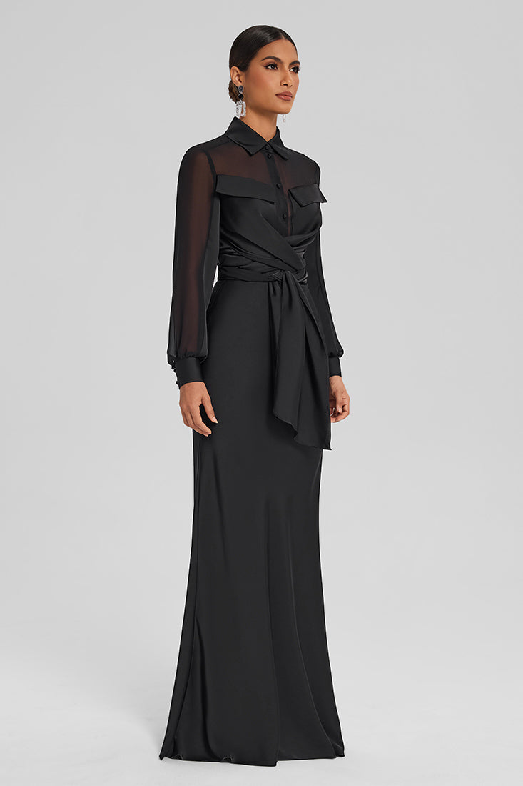 Satin Wrap Set with Chiffon Detail – Floor-Length Skirt