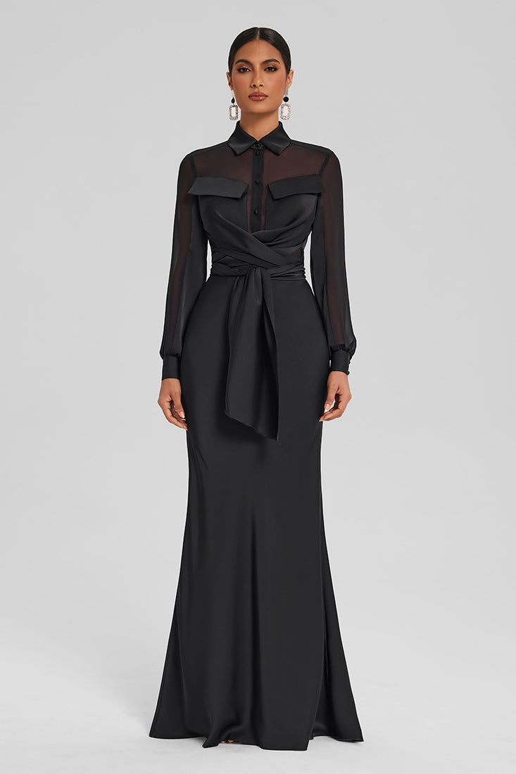 Satin Wrap Set with Chiffon Detail – Floor-Length Skirt