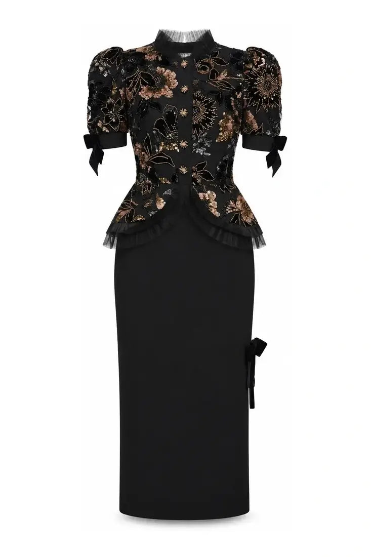 Embroidered Peplum Midi Dress
