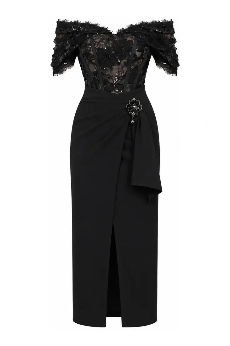 Off-Shoulder Lace Draped Midi Dress
