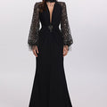Sequin-Fringe Sleeve Evening Gown