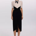 Lace-Yoke Velvet Bow Midi Dress