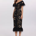 Off-Shoulder Embroidered Feather Midi Dress