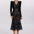 Black midi dress with sequin-embroidered lace and velvet sleeves