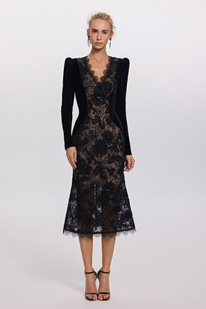 Black midi dress with sequin-embroidered lace and velvet sleeves