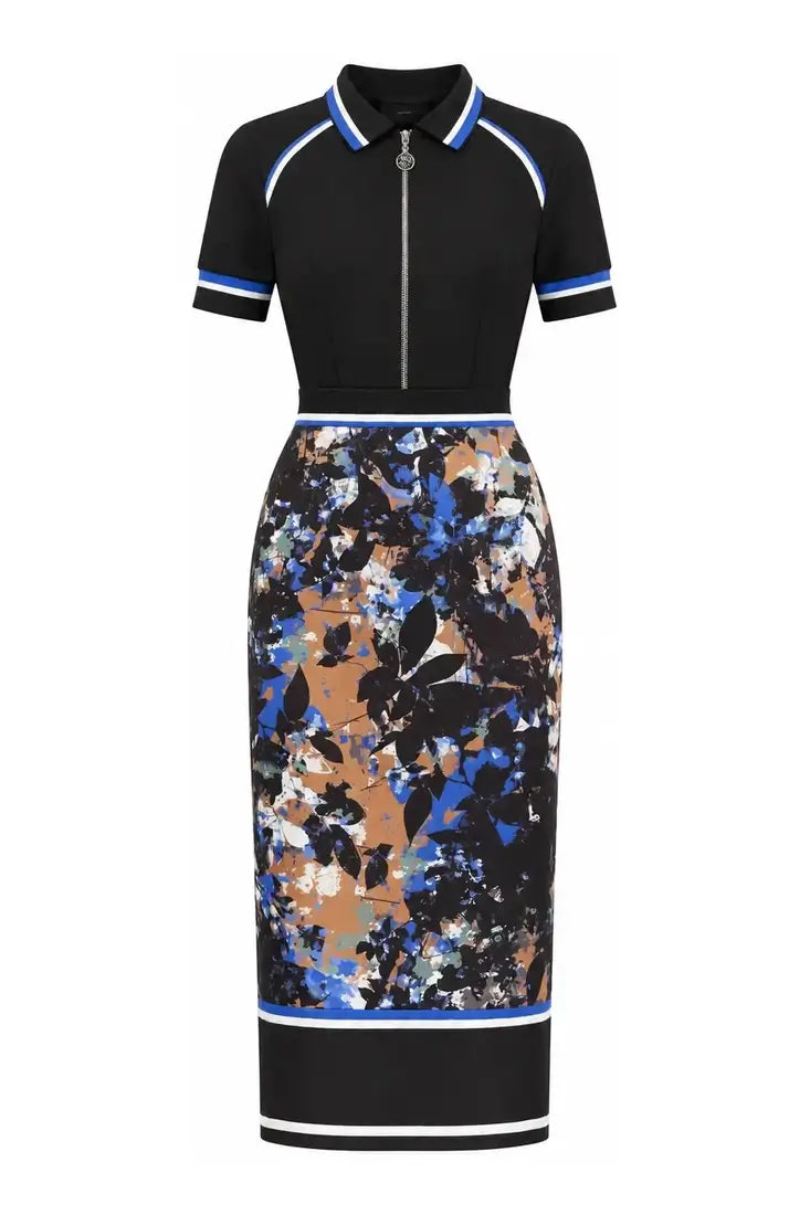 Zip-Front Floral Pencil Midi Dress