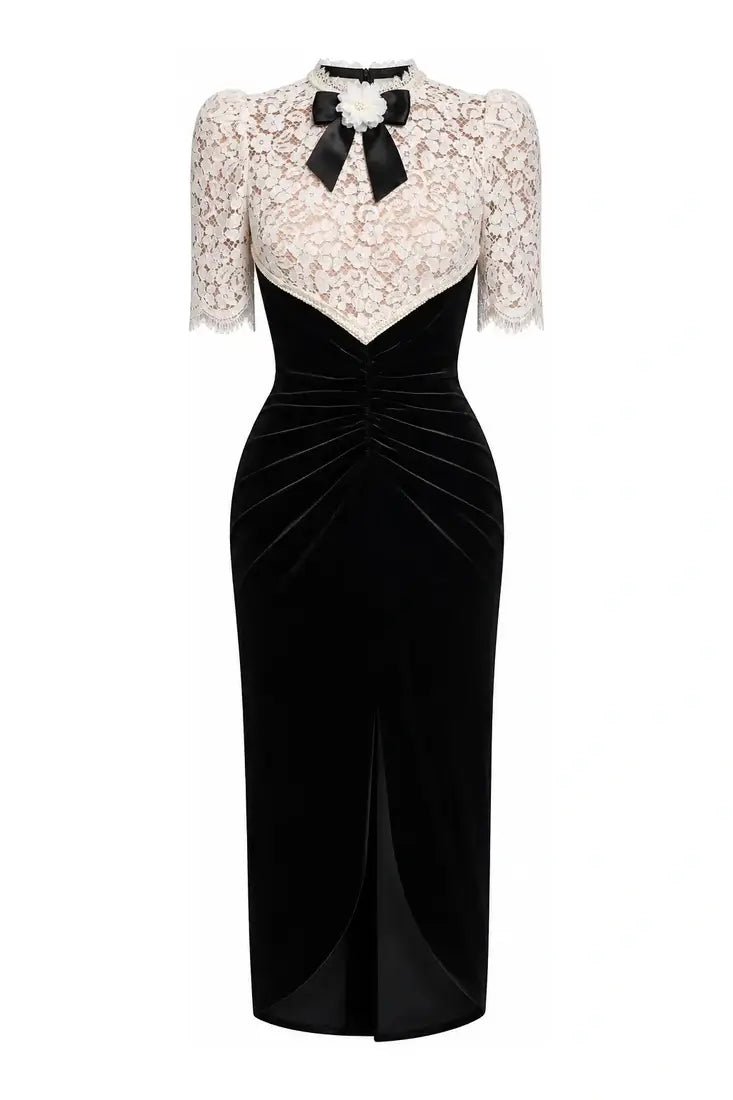 Lace-Yoke Velvet Bow Midi Dress