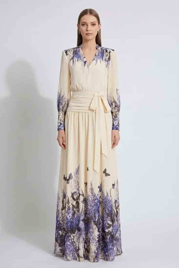 Floral Chiffon Maxi Dress with Waist Tie