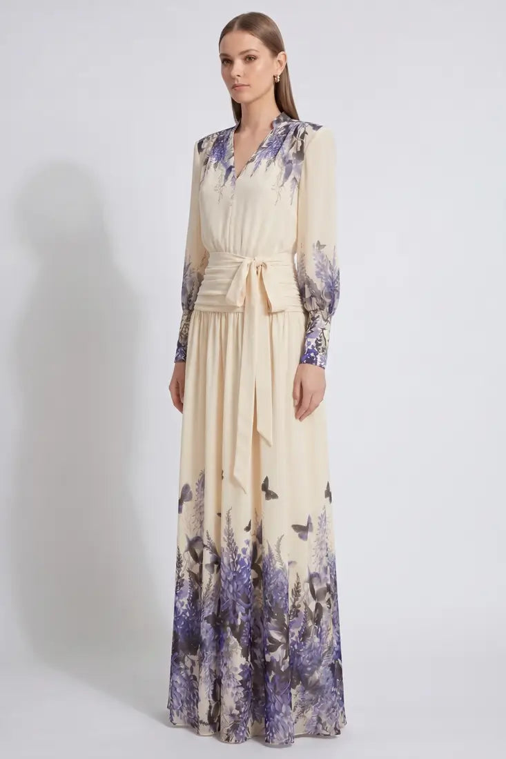 Floral Chiffon Maxi Dress with Waist Tie Ivory / XL