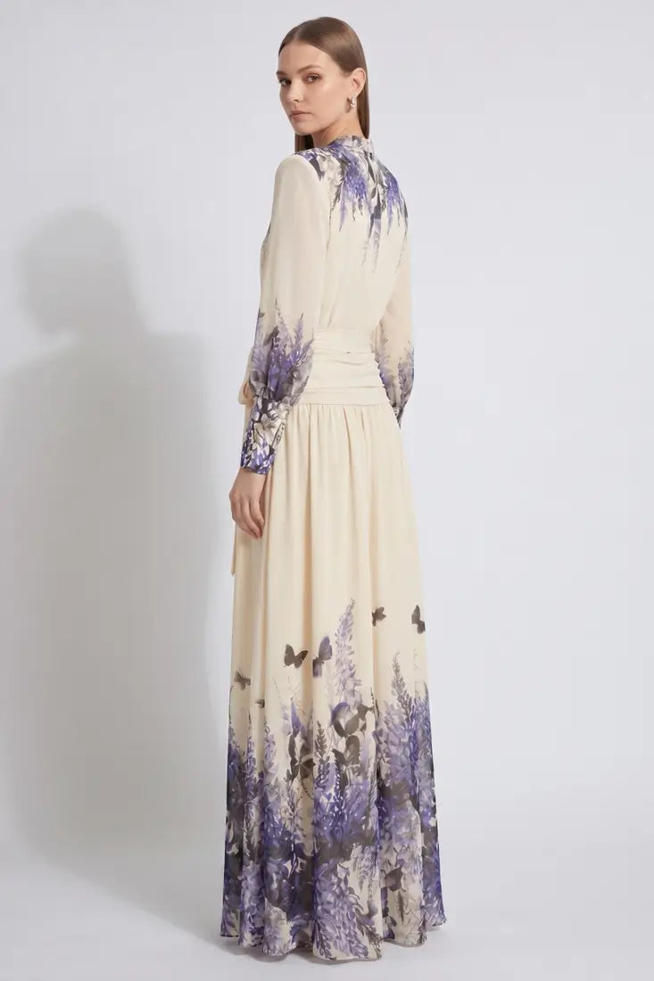 Floral Chiffon Maxi Dress with Waist Tie