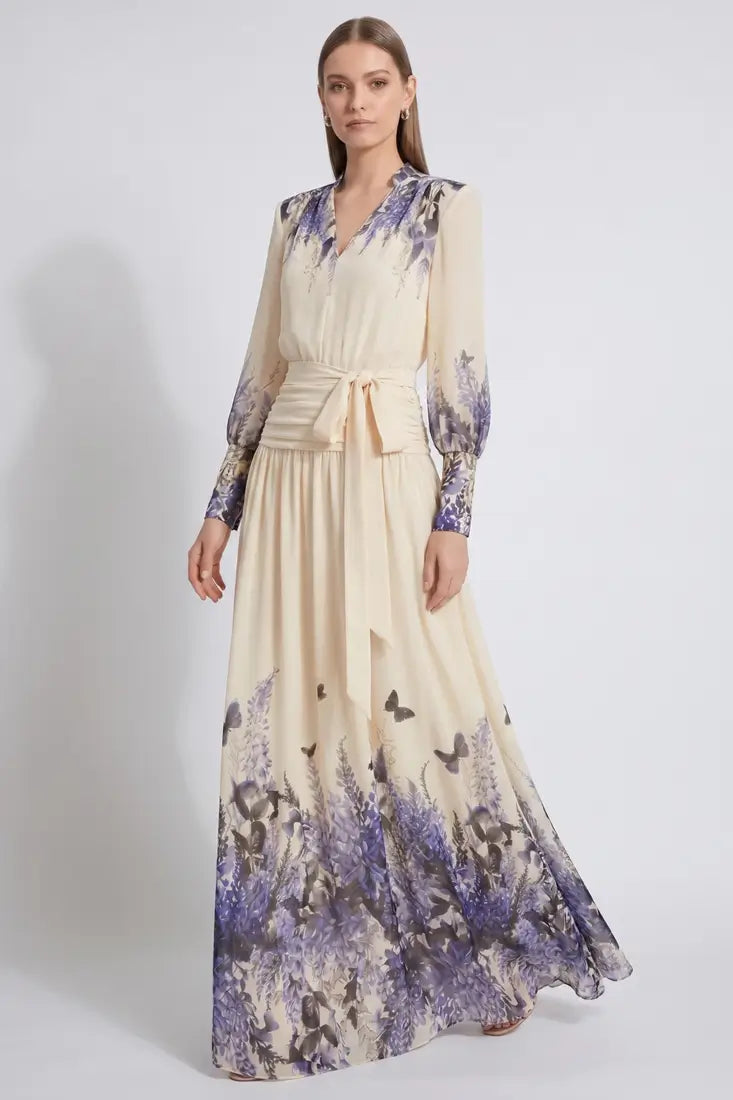 Floral Chiffon Maxi Dress with Waist Tie