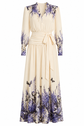 Floral Chiffon Maxi Dress with Waist Tie