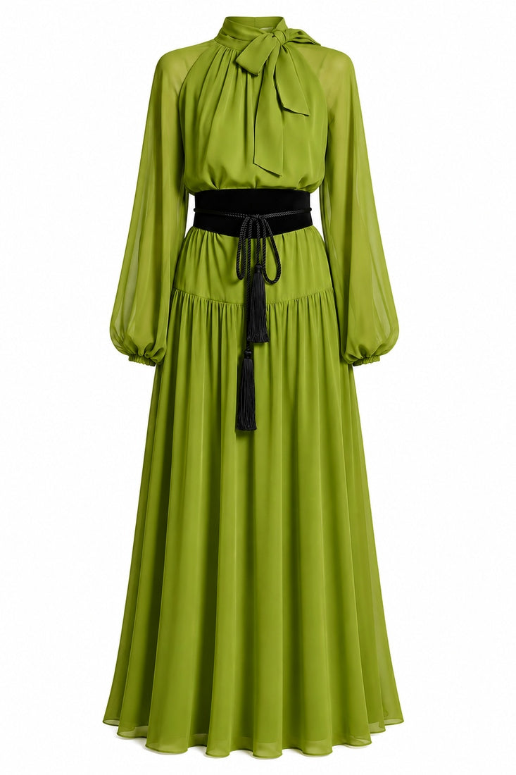 Pleated Tie-Neck  Dress