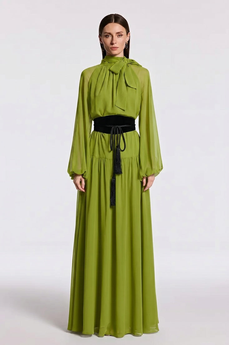 Pleated Tie-Neck  Dress