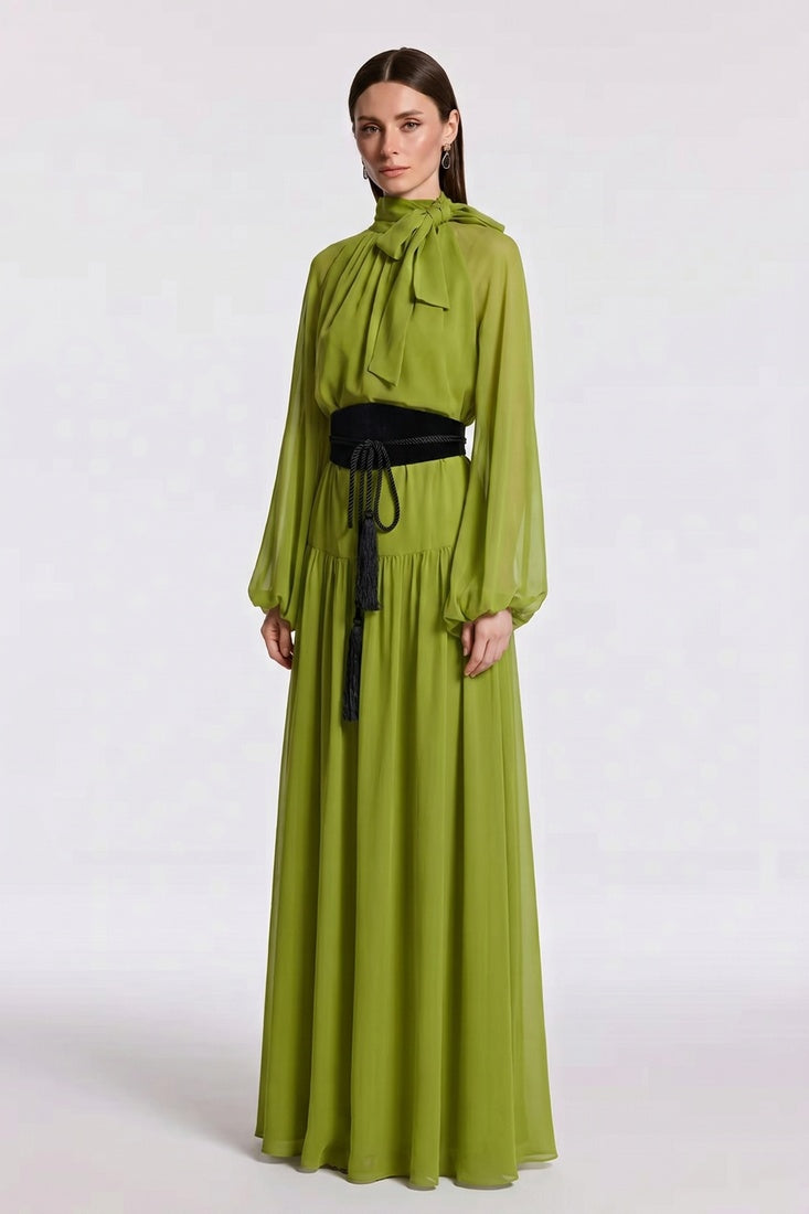 Pleated Tie-Neck  Dress