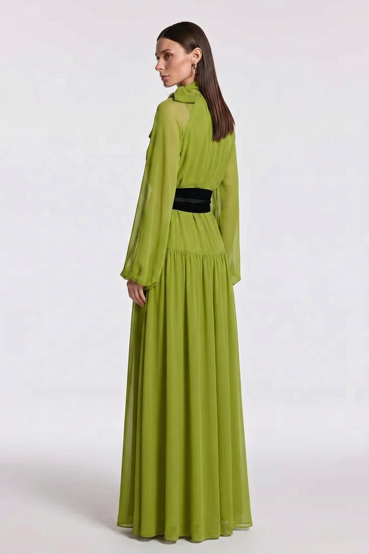 Pleated Tie-Neck  Dress