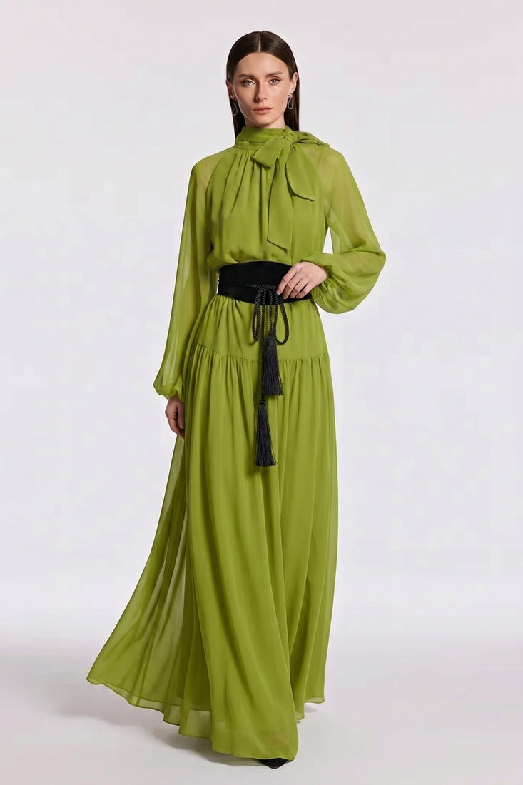 Pleated Tie-Neck  Dress