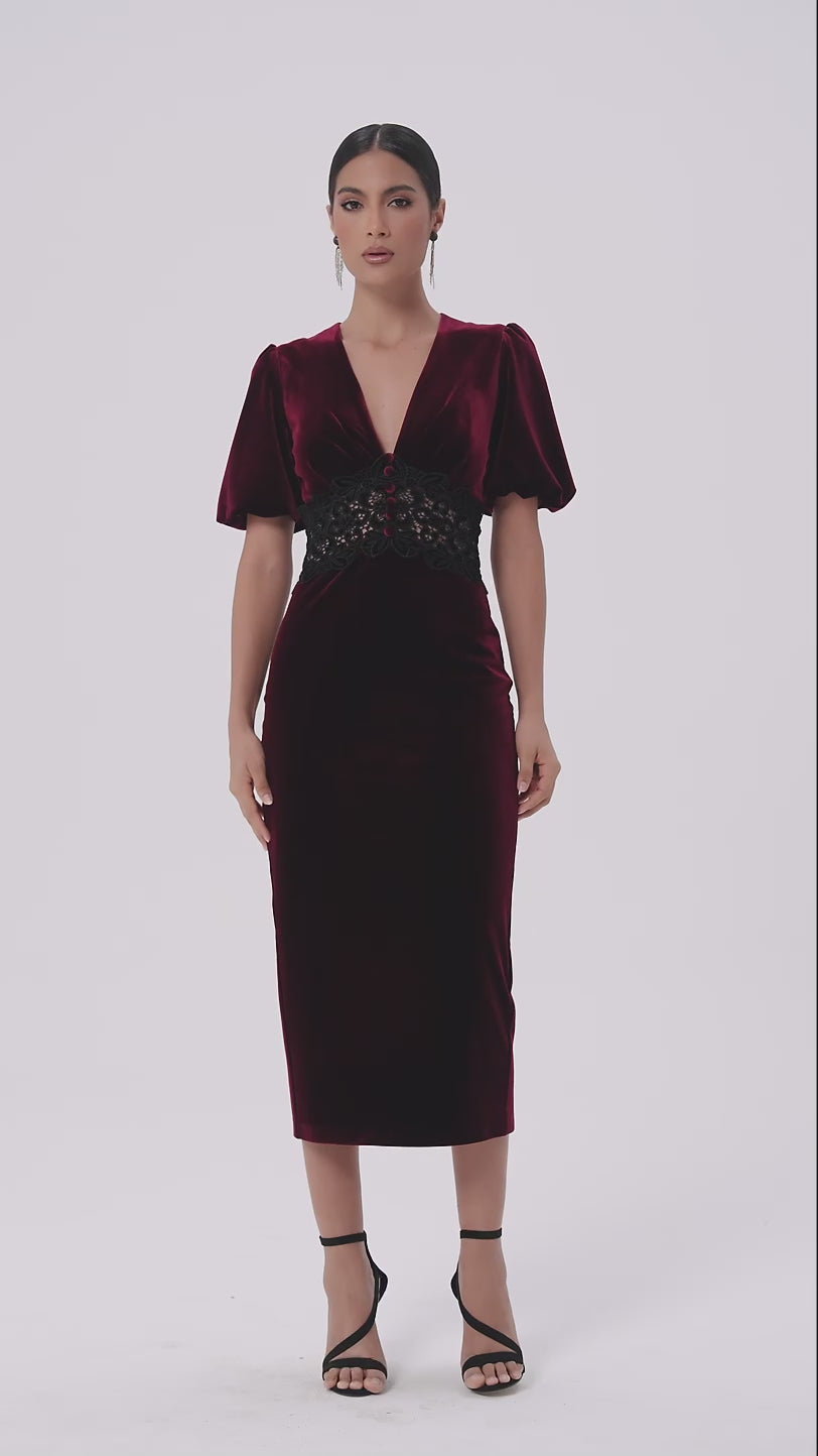 Velvet Midi Dress with Lace Detail