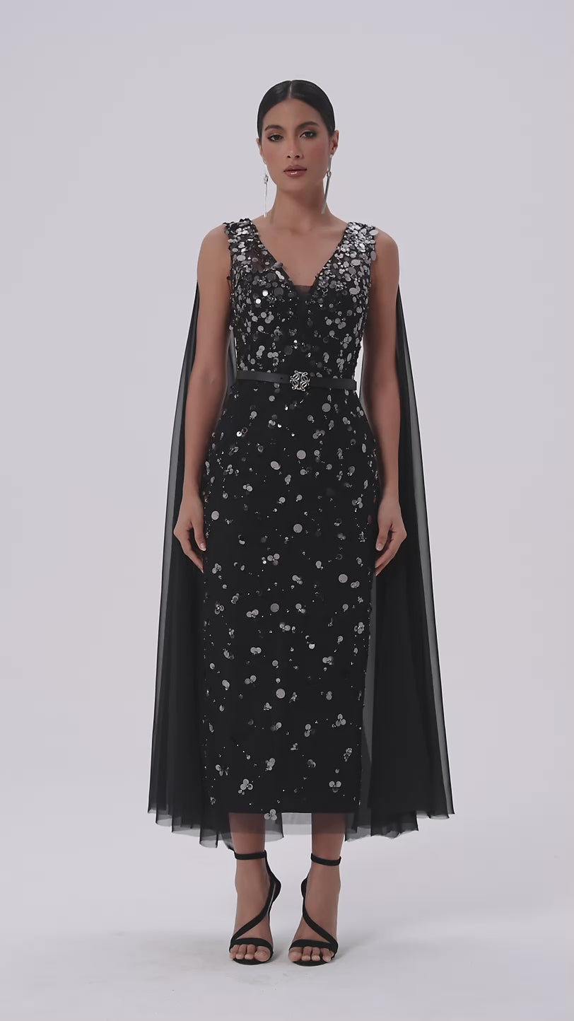 Sequin Tulle Dress with Chiffon Cape