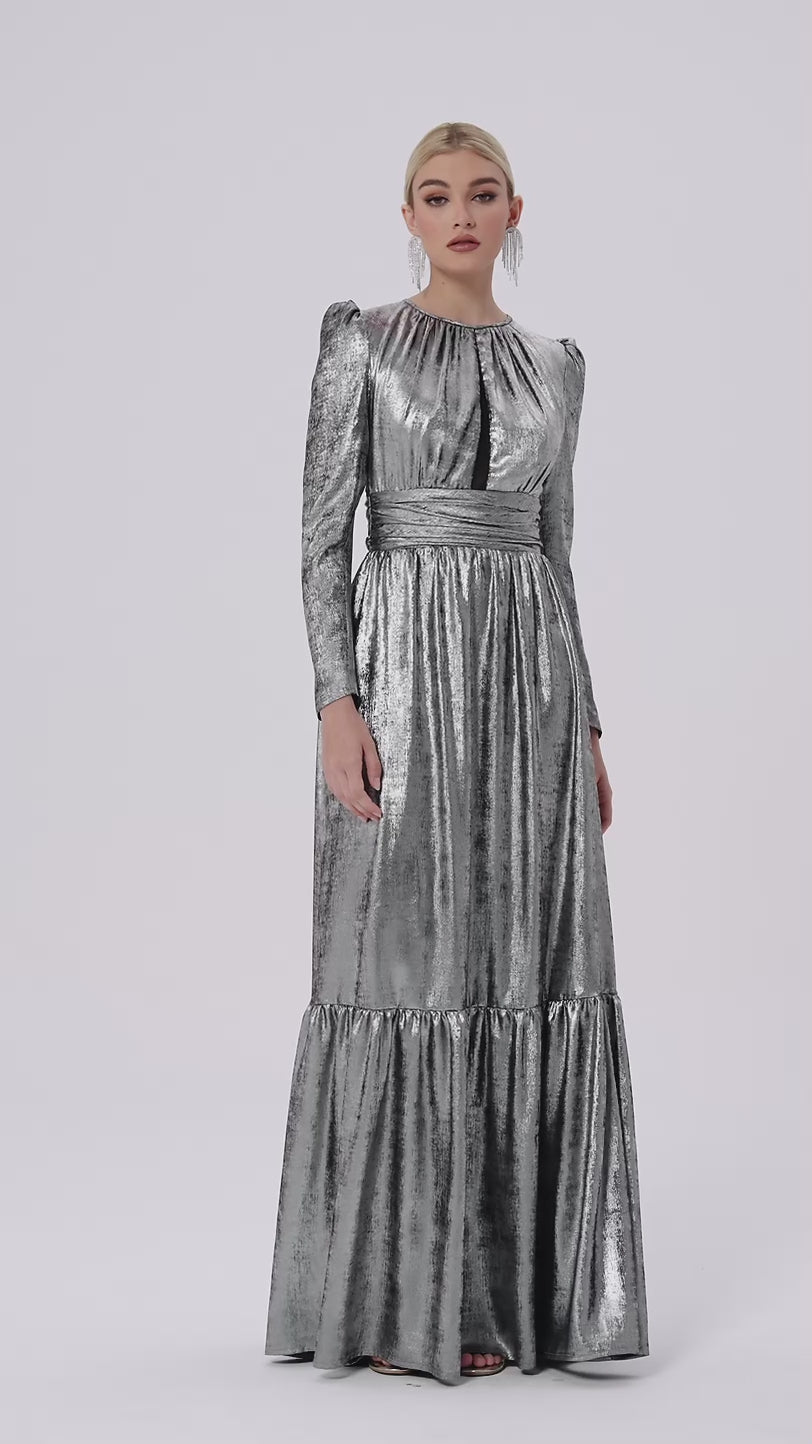 Metallic Georgette Gown with Chest Cutout