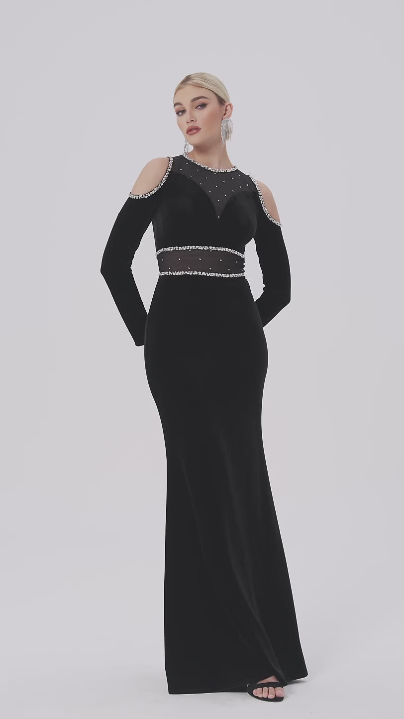 Velvet Gown with Crystal Trim & Shoulder Cutouts