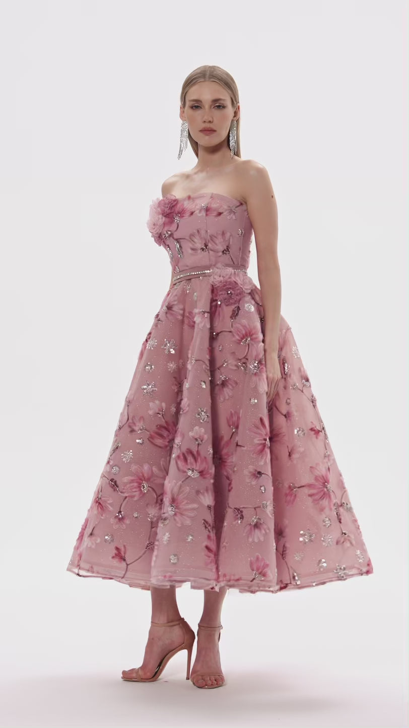 Strapless 3D Embroidered Midi Dress