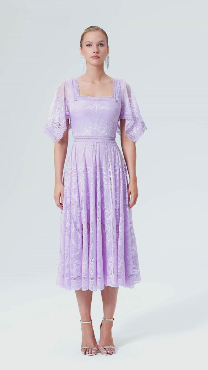 Tulle square-neck midi dress