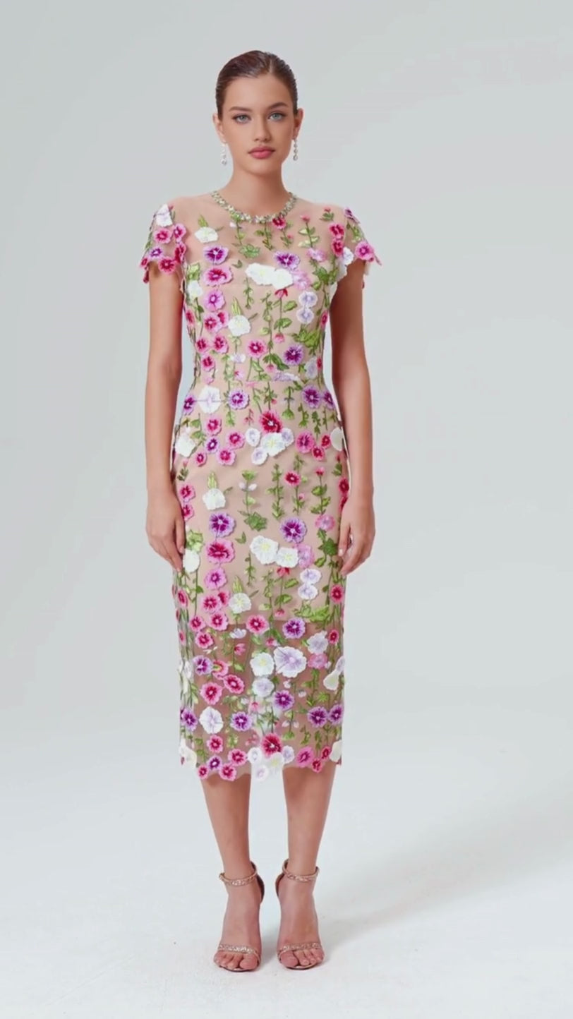 3d flower midi dress