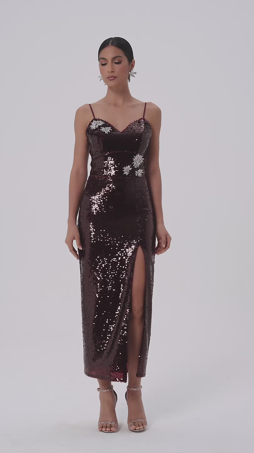 Sequin Midi Dress with Crystal Detail and Slit