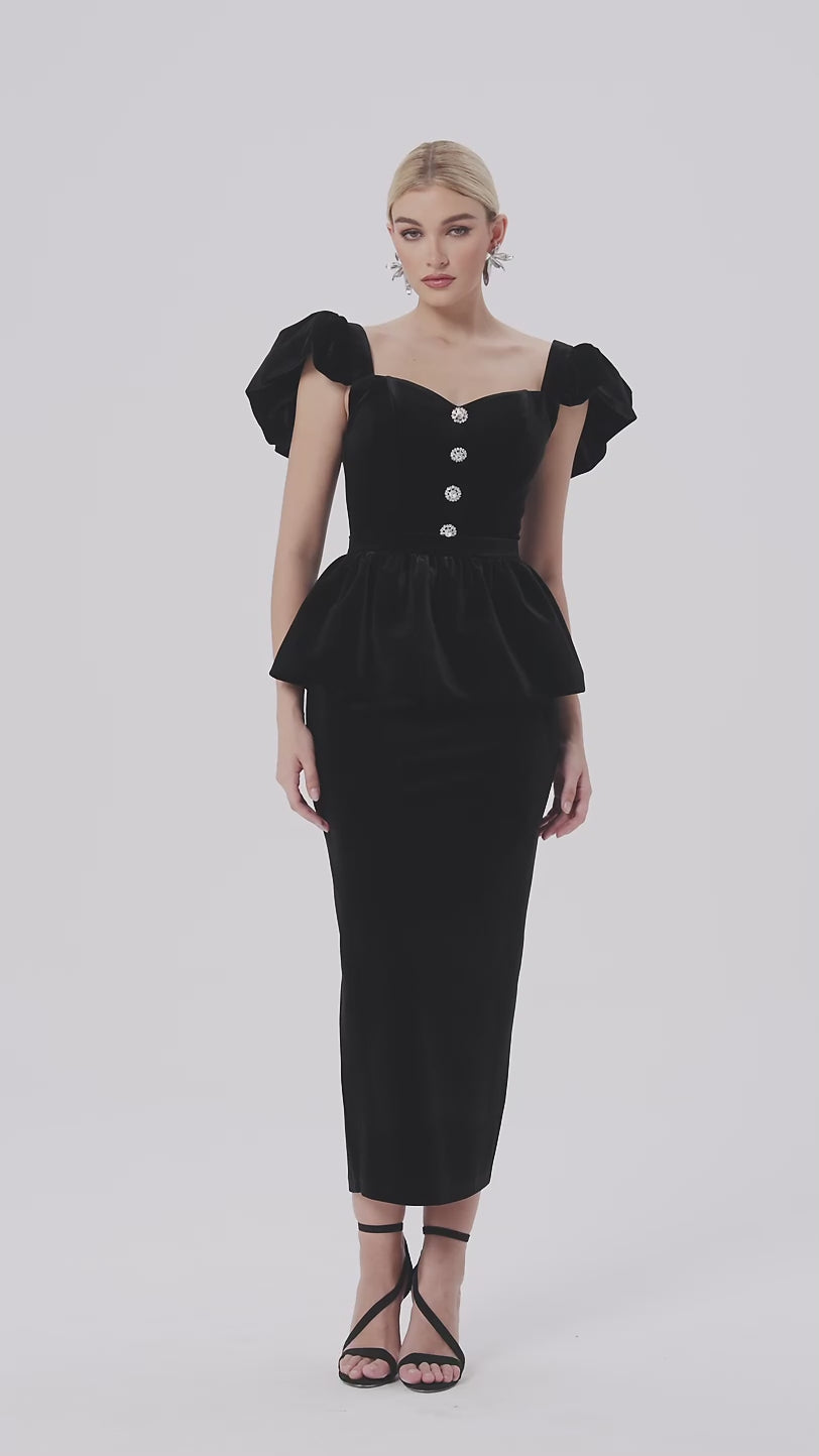 Velvet Peplum Dress with Puff Sleeves