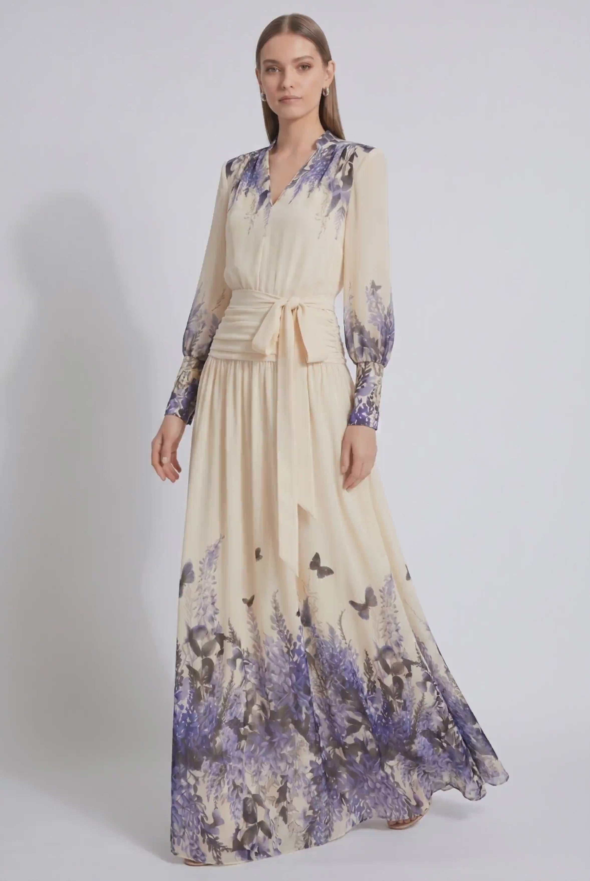 Floral Chiffon Maxi Dress with Waist Tie