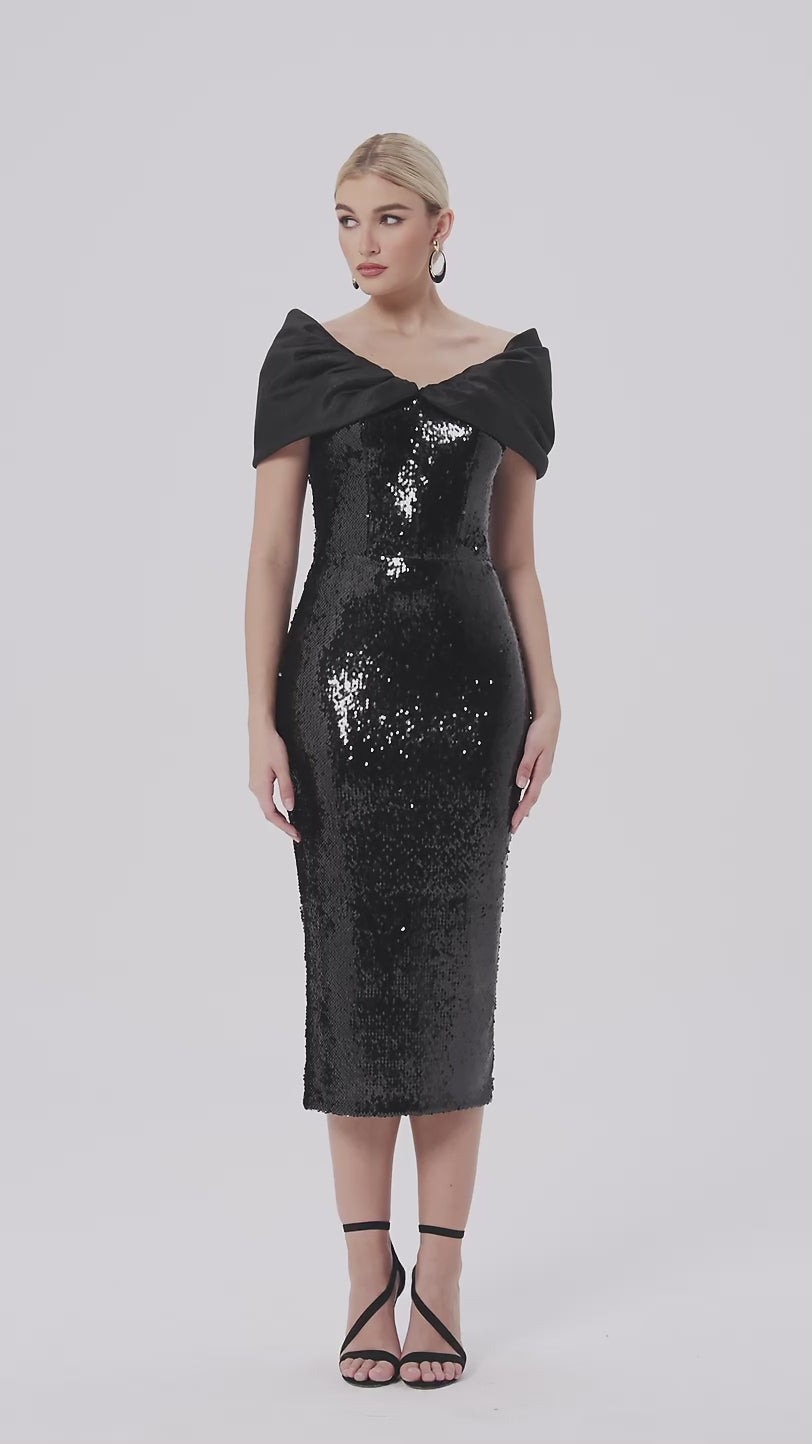 Off-Shoulder Sequin Midi Dress with Corset Bodice