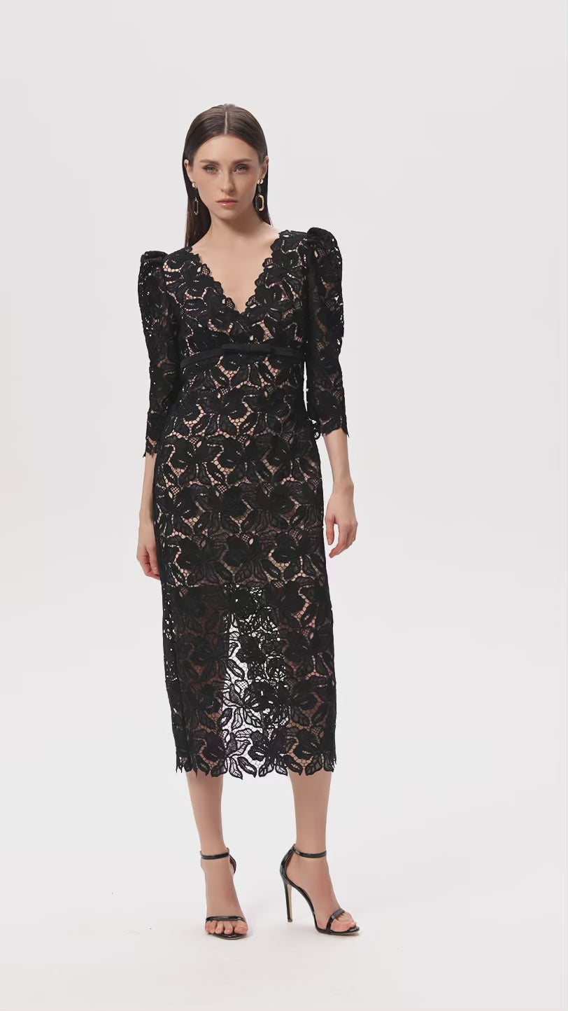 Embroidered Lace Midi Dress