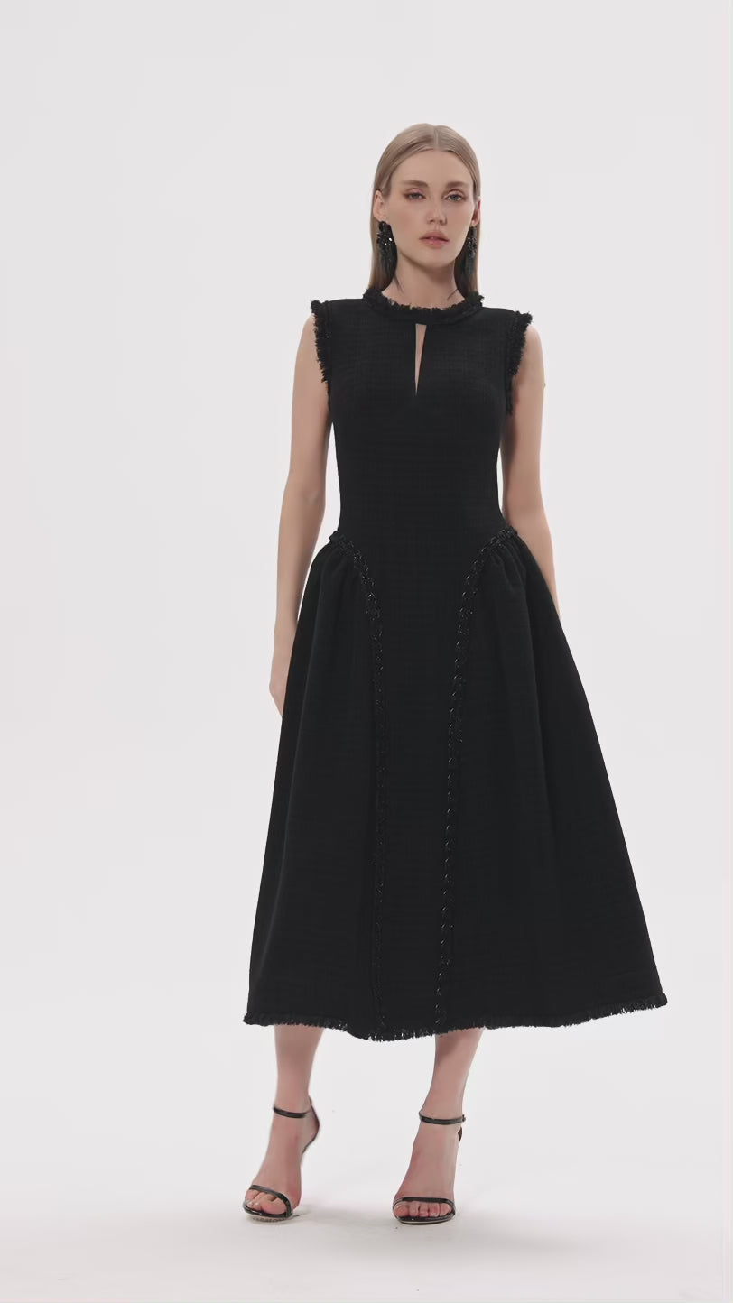 Sleeveless Flared Tweed Midi Dress