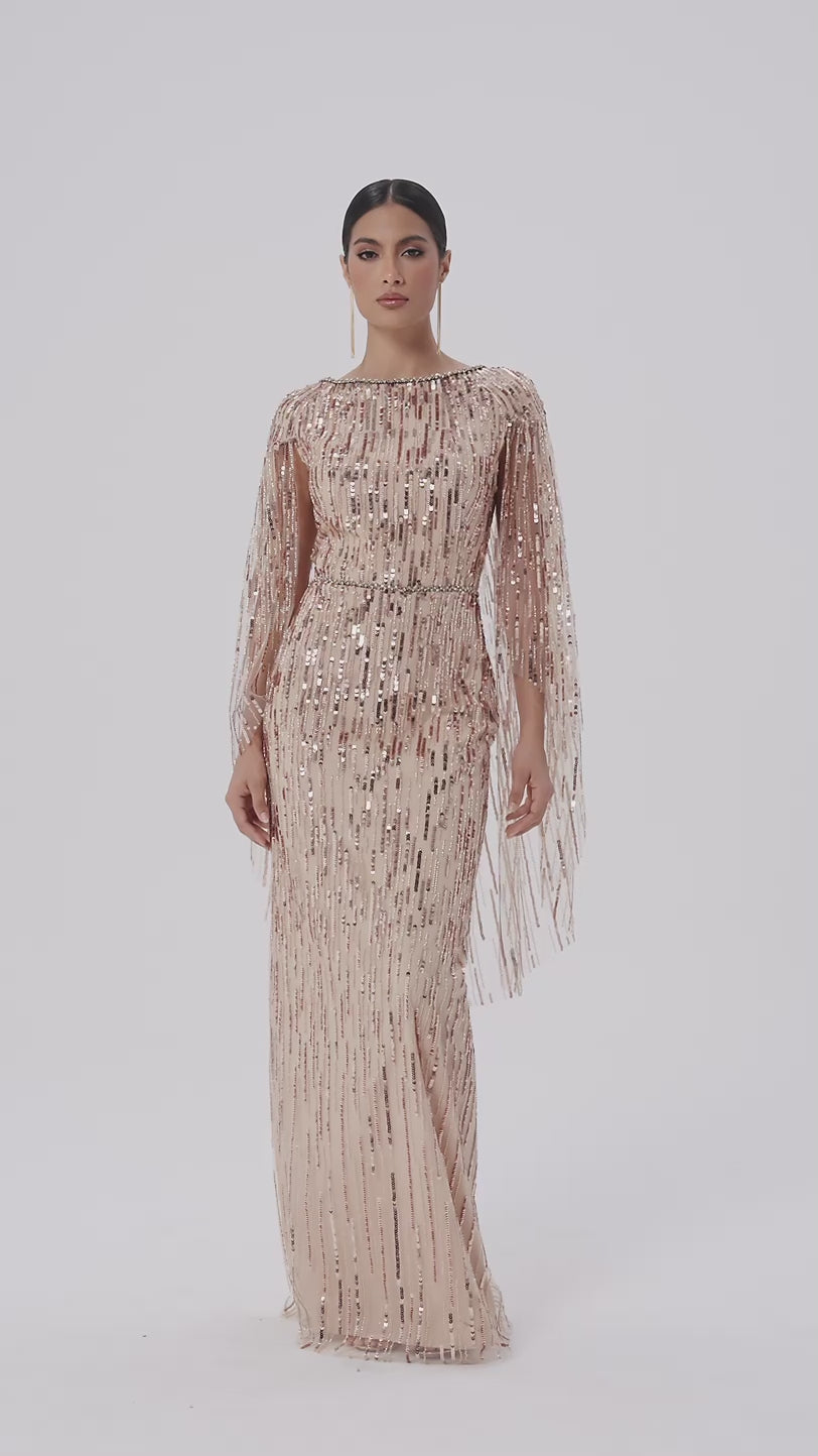 Embellished Tulle Gown with Cape Sleeves
