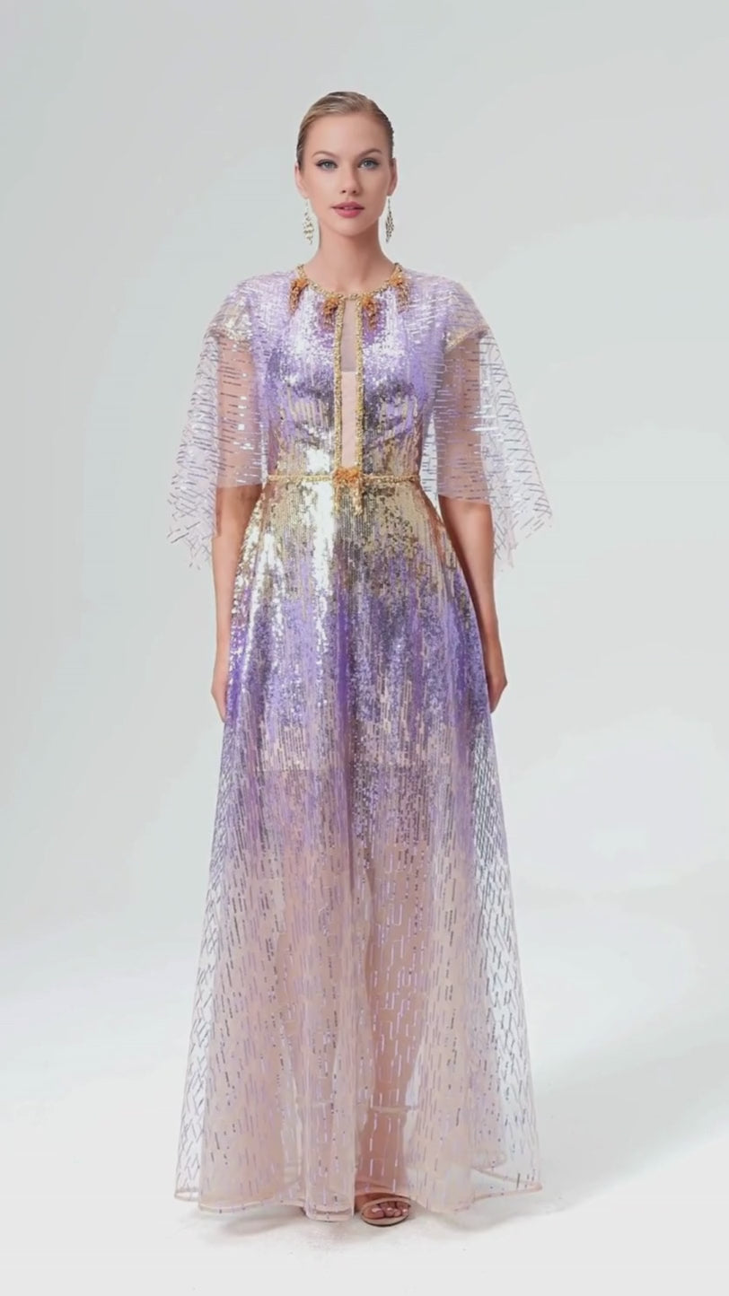 Sequin shoulder cape  long dress